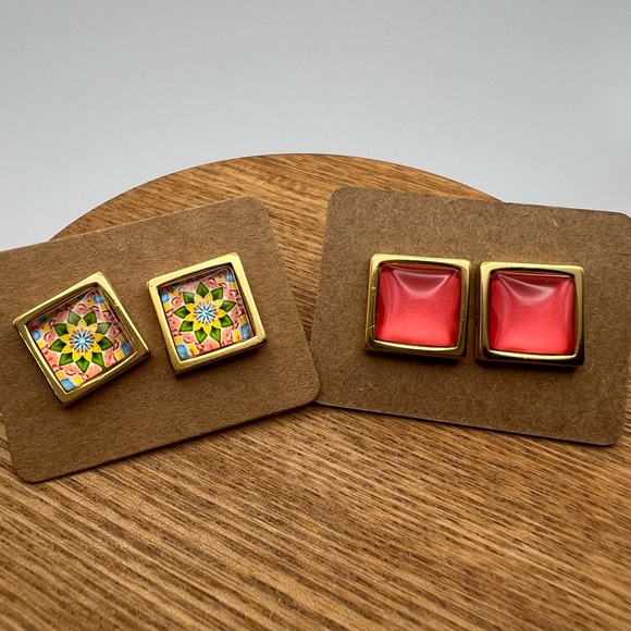 Classic Flirty Stud Earrings - Gold Boho Chic Square & Round Stud Earrings - Picture 12 of 15